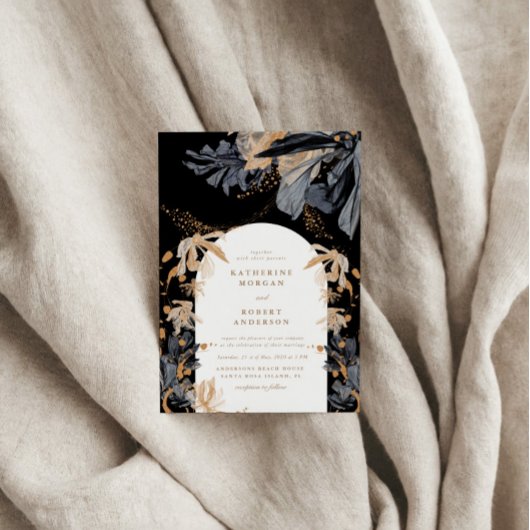 Exclusieve gouden en zwarte bloemenbruiloft uitnod kaart