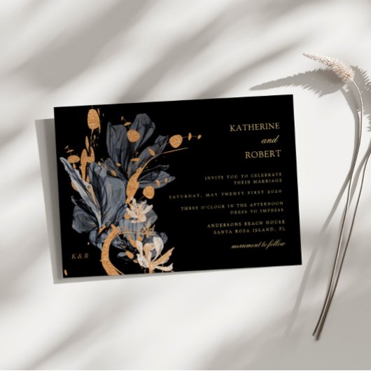 Exclusieve gouden en zwarte bloemenbruiloft uitnod kaart