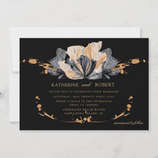 Exclusieve gouden en zwarte bloemenbruiloft uitnod kaart (Voorkant)