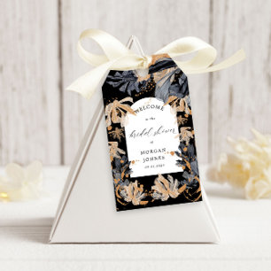Exclusieve gouden en zwarte bloemrijke bruiloftsdo cadeaulabel