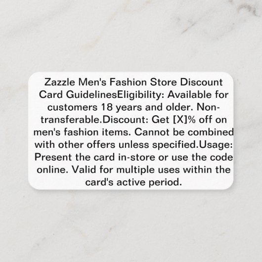 Exclusieve Mannen Mode Store Korting Kaart – Opsla (Achterkant)