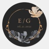 Exclusieve Zwart Goud Bloemen Monogram Bruiloft Ronde Sticker (Voorkant)