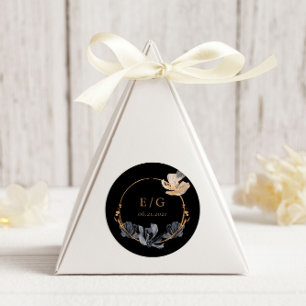 Exclusieve Zwart Goud Bloemen Monogram Bruiloft Ronde Sticker