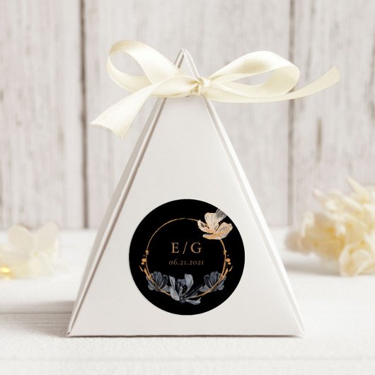 Exclusieve Zwart Goud Bloemen Monogram Bruiloft Ronde Sticker