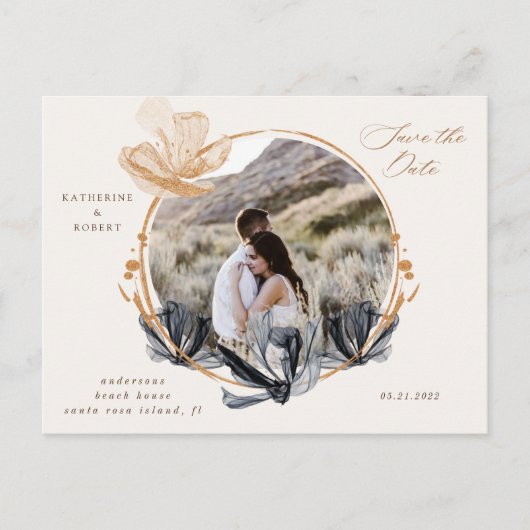 Exclusieve zwart gouden bloemen Save the date Briefkaart (Voorkant)