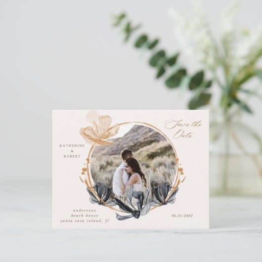 Exclusieve zwart gouden bloemen Save the date Briefkaart (Staand voorkant)