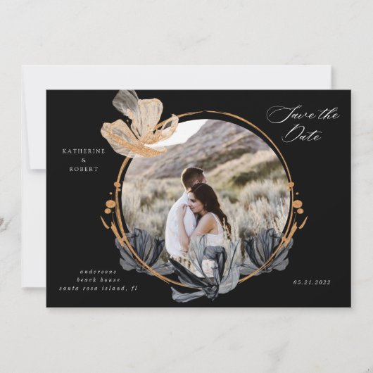 Exclusieve zwart gouden bloemen Save the date Kaart (Voorkant)