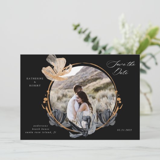 Exclusieve zwart gouden bloemen Save the date Kaart (Staand voorkant)