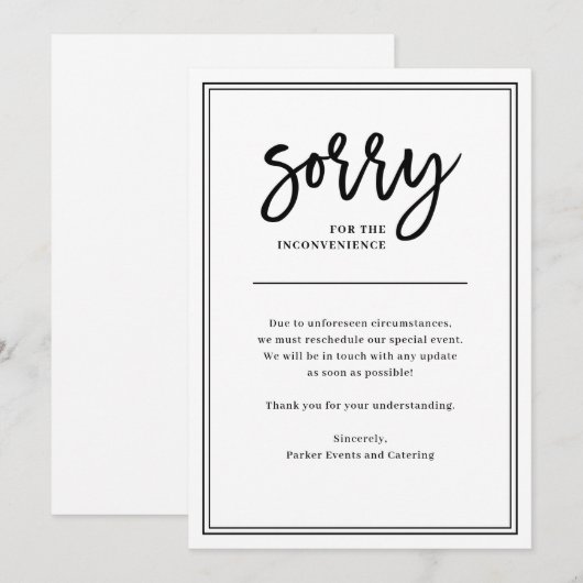 Excuses voor het ongemak | Annulering of uitstel Kaart (Voorkant / Achterkant)