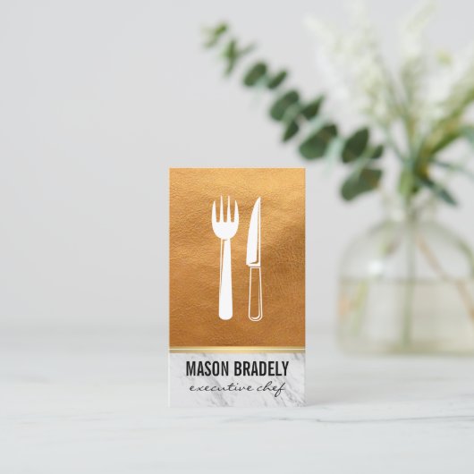 Executive Chef Goud Leer Marmer Afwerking Visitekaartje (Staand voorkant)