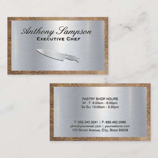 Executive Chef | Zilver Metaal | Leren Rand Visitekaartje (Voorkant / Achterkant)
