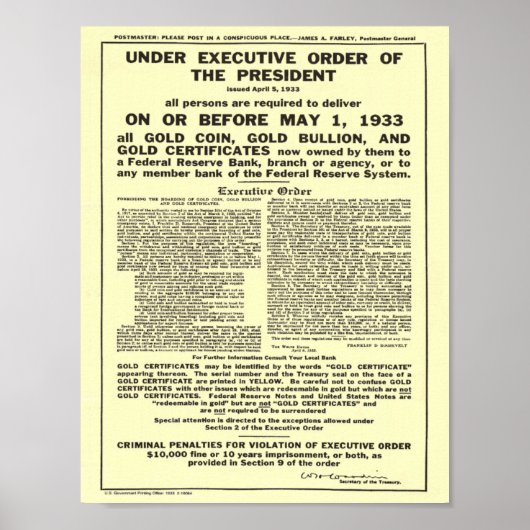 Executive Order 6102, waarbij Gold Coin Bullion wo Poster (Voorkant)