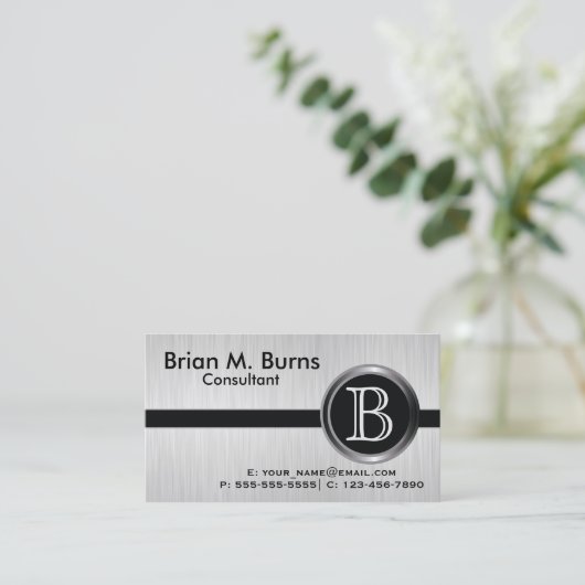 Executive White Brush Steel Monogram Visitekaartje (Staand voorkant)