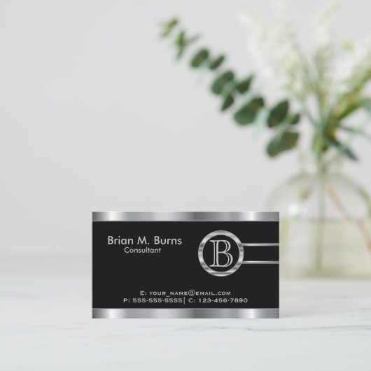 Executive Zwart en Zilver Faux Metallic - Monogram Visitekaartje (Staand voorkant)