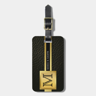Executive zwart leder & goud metaal monogram bagagelabel