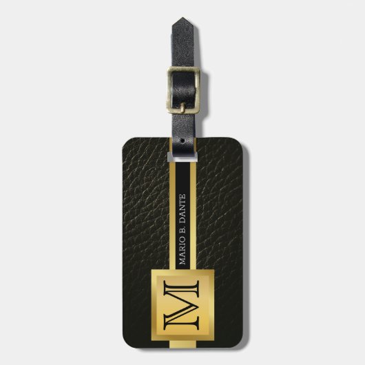 Executive zwart leder & goud metaal monogram bagagelabel (Voorkant verticaal)