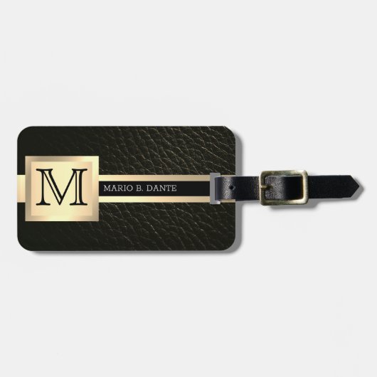 Executive zwart leder & goud metaal monogram bagagelabel (Voorkant horizontaal)