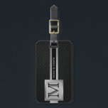 Executive zwart leder & zilver metaal monogram bagagelabel<br><div class="desc">Executive zwart leder & zilver metaal monogram</div>