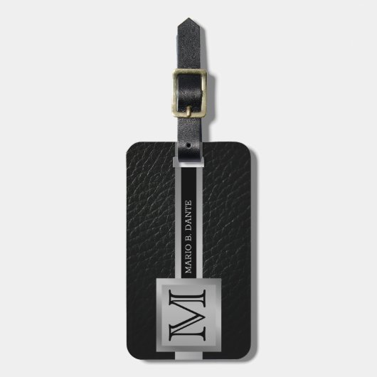 Executive zwart leder & zilver metaal monogram bagagelabel (Voorkant verticaal)
