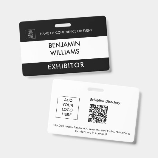 Exhibitor Name Badge QR Black White Custom Logo ID (Voor- en achterkant)