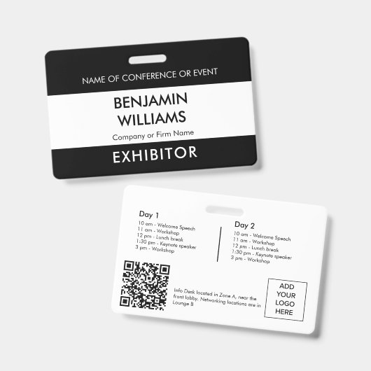 Exhibitor Name Badge QR Black White Logo ID Event (Voor- en achterkant)