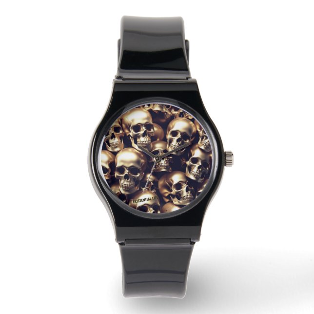 EXISTENTIAL LITE Gold Skulls Unisex Silicone Strap Horloge (Voorkant)