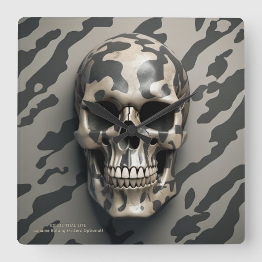 EXISTENTIËLE LITE Memento Mori Camo Skull Vierkante Klok (Voorkant)
