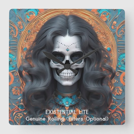 EXISTENTIËLE LITE Memento Mori Femme Skull Vierkante Klok (Voorkant)