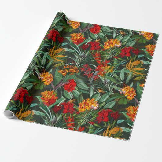 Exotic Aloha Oerwoud Flowers and Leaves Pattern Cadeaupapier (Uitgerold)