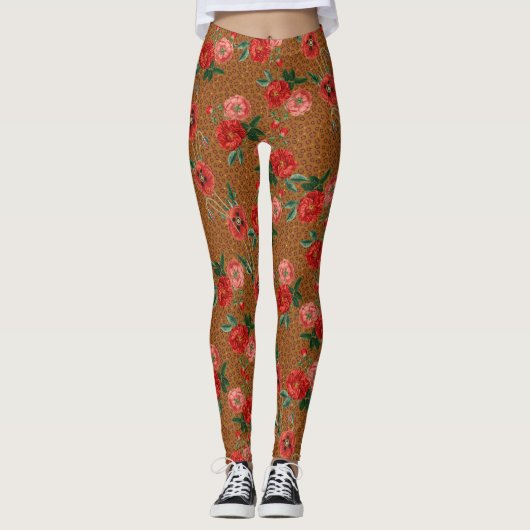 Exotic Animal Leopard print luchtige rode bloemen Leggings (Voorkant)