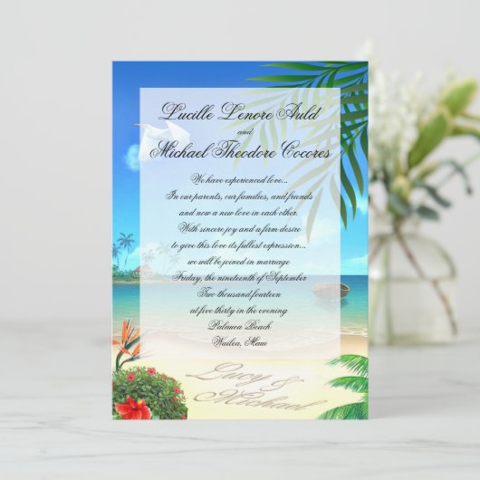 Exotic Beach Wedding "Faux Vellum" Uitnodiging (Staand voorkant)