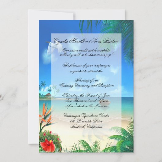 Exotic Beach Wedding "Faux Vellum" Uitnodiging (Voorkant)