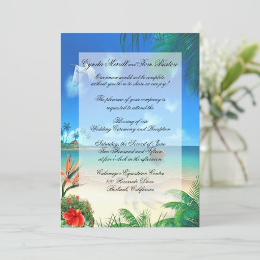 Exotic Beach Wedding "Faux Vellum" Uitnodiging (Staand voorkant)
