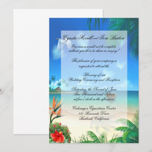 Exotic Beach Wedding "Faux Vellum" Uitnodiging (Voorkant / Achterkant)