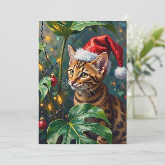 Exotic Bengal Cat Jungle Christmas Playtime Art Feestdagenkaart (Staand voorkant)