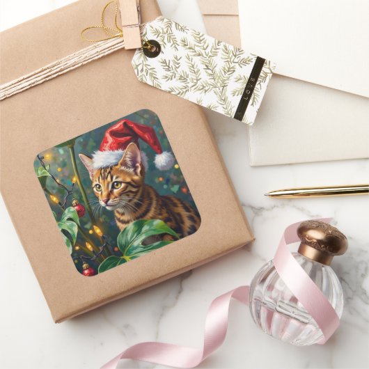 Exotic Bengal Cat Jungle Christmas Playtime Art Vierkante Sticker (Geschenken)