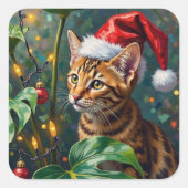 Exotic Bengal Cat Jungle Christmas Playtime Art Vierkante Sticker (Voorkant)