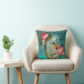 EXOTIC BIRDS AND PINK ROSES AQUA BLUE,TEAL DAMASK KUSSEN (Stoel)