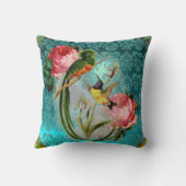 EXOTIC BIRDS AND PINK ROSES AQUA BLUE,TEAL DAMASK KUSSEN (Achterkant)