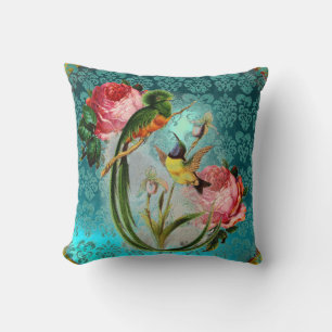 EXOTIC BIRDS AND PINK ROSES AQUA BLUE,TEAL DAMASK KUSSEN