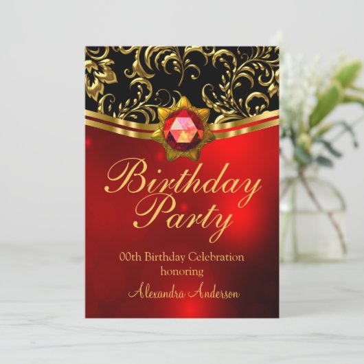 Exotic Birthday Red Black Gold Damask Kaart (Staand voorkant)