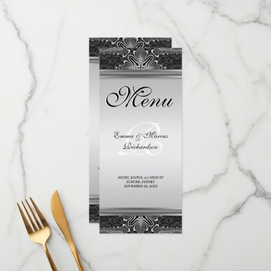 Exotic Black Baroque Wedding Menu Kaart (Voorkant / Achterkant in situ)