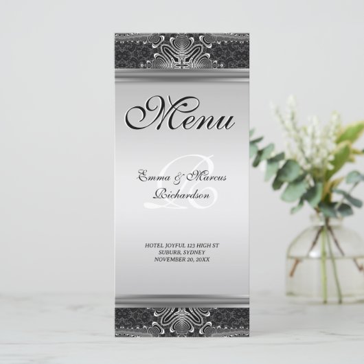 Exotic Black Baroque Wedding Menu Kaart (Staand voorkant)