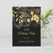 Exotic Black Floral Gold Birthday Kaart (Staand voorkant)