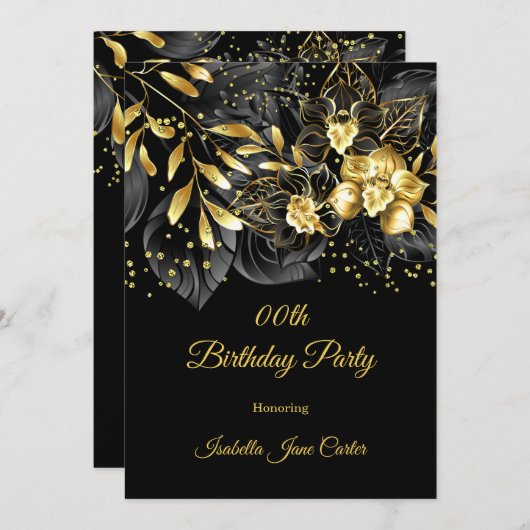 Exotic Black Floral Gold Birthday Kaart (Voorkant / Achterkant)