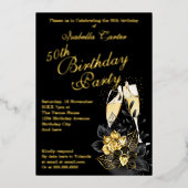 Exotic Black Gold Floral Elegant Birthday Party Folie Uitnodiging (Voorkant)