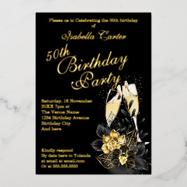 Exotic Black Gold Floral Elegant Birthday Party Folie Uitnodiging