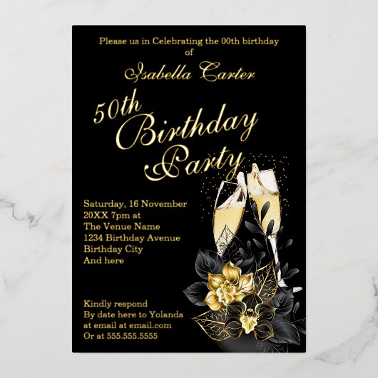 Exotic Black Gold Floral Elegant Birthday Party Folie Uitnodiging (Voorkant)