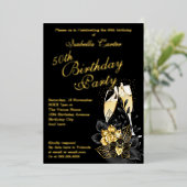 Exotic Black Gold Floral Elegant Birthday Party Folie Uitnodiging (Staand Voorkant)