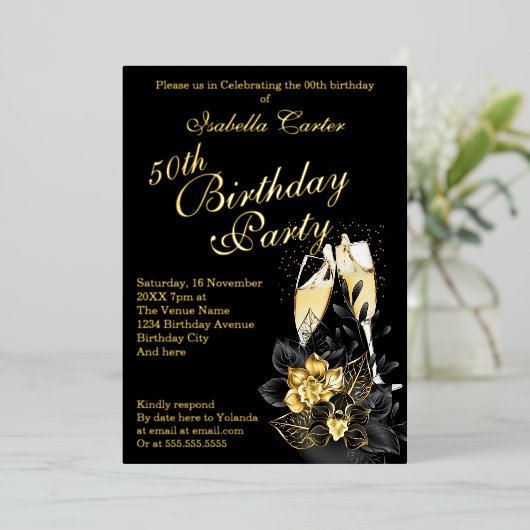 Exotic Black Gold Floral Elegant Birthday Party Folie Uitnodiging (Staand Voorkant)